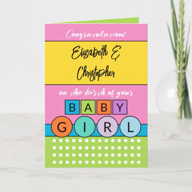 Add names pink green new baby girl card (Front)