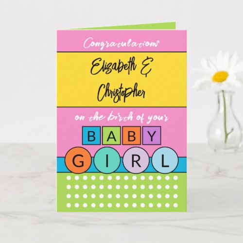 Add names pink green new baby girl card