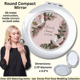 Add Names, Pink Roses & Doves Wedding Compact Mirror