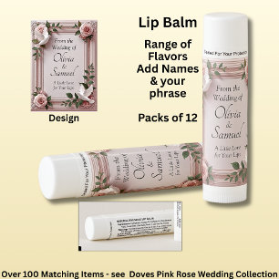 Add Names, Pink Roses & Doves Wedding Lip Balm