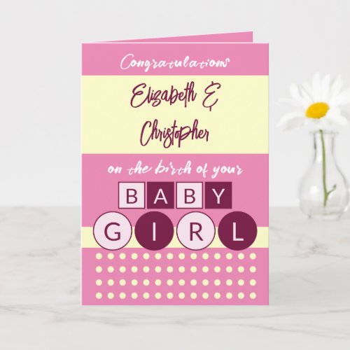 Add names pink yellow new baby girl card