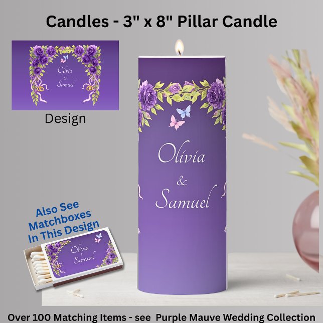 Add Names, Purple Mauve Flowers & White 3" x 8" Pillar Candle (Creator Uploaded)