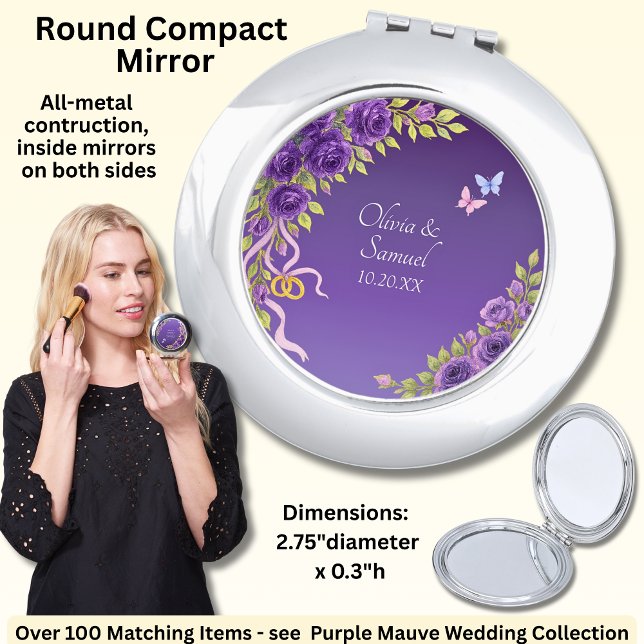 Add Names, Purple Mauve Flowers & White Wedding  Compact Mirror (Creator Uploaded)