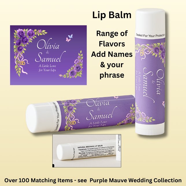 Add Names, Purple Mauve Flowers & White Wedding  Lip Balm (Creator Uploaded)