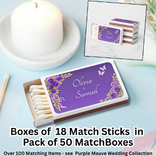 Add Names, Purple Mauve Flowers & White Wedding Matchboxes