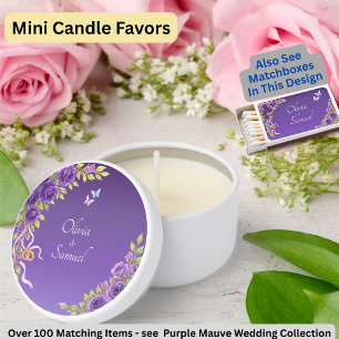 Add Names, Purple Mauve Flowers & White Wedding Mini Candle Favors