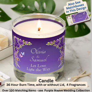 Add Names, Purple Mauve Flowers & White Wedding Scented Candle
