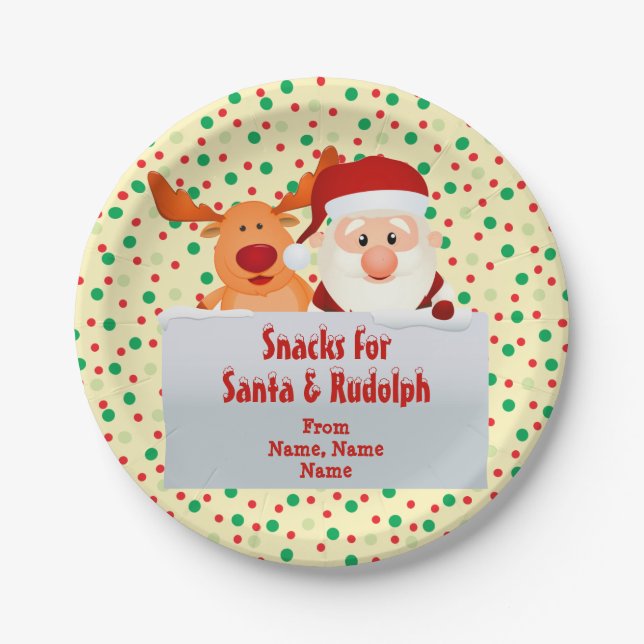 Add Names Snacks for Santa Rudolph 7" Paper Plates (Front)