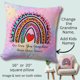 Add Names Text Grandma Heart Boho Rainbow Leopard Throw Pillow