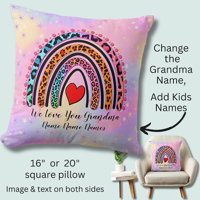 Add Names Text Grandma Heart Boho Rainbow Leopard  Throw Pillow (Creator Uploaded)