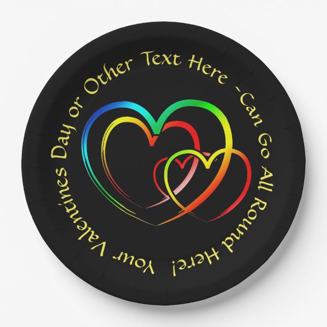 Add Names Text Message - Hearts on Black Large 9" Paper Plates (Front)