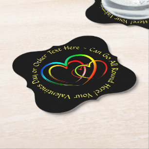 Add Names Text Message - Hearts on Black Paper Coaster