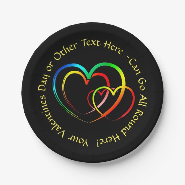 Add Names Text Message - Hearts on Black Small 7" Paper Plates (Front)