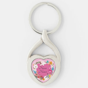 Add Names Text Valentines Day Pink Floral Heart Keychain