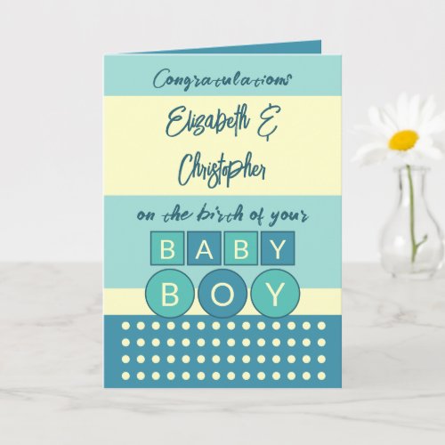 Add names turquoise yellow new baby boy card