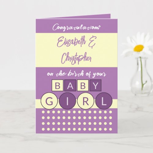 Add names yellow purple new baby girl card