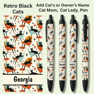 Add Owner or Cat's Name, Retro Cool Black Cats Pen
