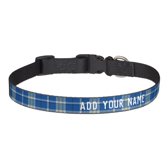 ADD PETS NAME stylish blue Scottish tartan plaid, Pet Collar (Front)