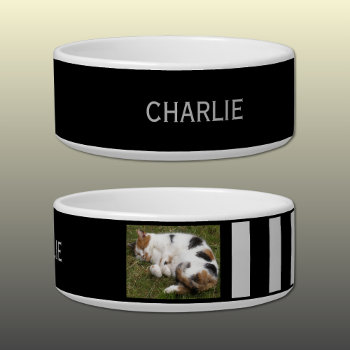 Add Photo And Name Black And Grey Bowl by LynnroseDesigns at Zazzle