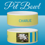 Add photo and name blue and yellow bowl<br><div class="desc">Pet bowl / cat / dog
Add a name and a photo.
Blue and yellow with stripes.</div>