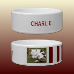 Add photo and name grey and burgundy bowl<br><div class="desc">Pet bowl / cat / dog
Add a name and a photo.
Burgundy and grey with stripes.</div>