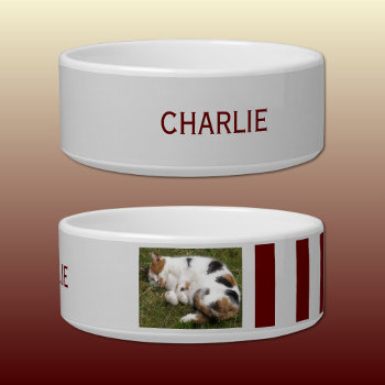 Add Photo And Name Grey And Burgundy Bowl by LynnroseDesigns at Zazzle