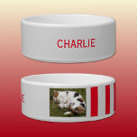 Add photo and name grey and red bowl<br><div class="desc">Pet bowl / cat / dog
Add a name and a photo.
Grey and red with stripes.</div>