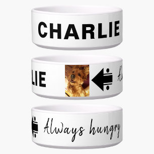 Add photo and name hungry black white dog bowl