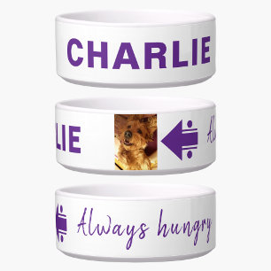 Add photo and name hungry purple white dog bowl