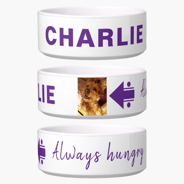 Add photo and name hungry purple white dog bowl (Creator Uploaded)