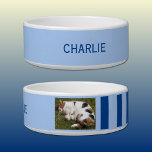 Add photo and name light and dark blue bowl<br><div class="desc">Pet bowl / cat / dog
Add a name and a photo.
Light and dark blue with stripes.</div>