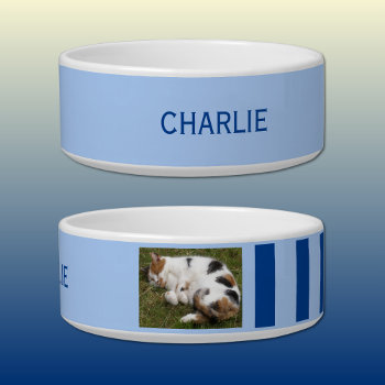 Add Photo And Name Light And Dark Blue Bowl by LynnroseDesigns at Zazzle