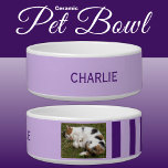 Add photo and name light and dark purple bowl<br><div class="desc">Pet bowl / cat / dog
Add a name and a photo.
Light and dark purple with stripes.</div>