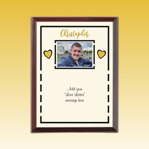 Add photo and name love letter black gold award plaque