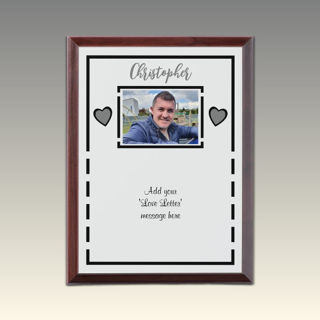 Add photo and name love letter black grey award plaque (Creator Uploaded)