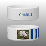 Add photo and name white and blue bowl<br><div class="desc">Pet bowl / cat / dog
Add a name and a photo.
Blue and white with stripes.</div>