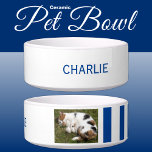 Add photo and name white and blue bowl<br><div class="desc">Pet bowl / cat / dog
Add a name and a photo.
Blue and white with stripes.</div>