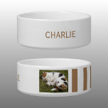 Add photo and name white and brown bowl<br><div class="desc">Pet bowl / cat / dog
Add a name and a photo.
Brown and white with stripes.</div>
