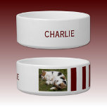 Add photo and name white and burgundy bowl<br><div class="desc">Pet bowl / cat / dog
Add a name and a photo.
Burgundy and white with stripes.</div>