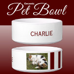 Add photo and name white and burgundy bowl<br><div class="desc">Pet bowl / cat / dog
Add a name and a photo.
Burgundy and white with stripes.</div>
