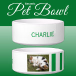 Add photo and name white and green bowl<br><div class="desc">Pet bowl / cat / dog
Add a name and a photo.
Green and white with stripes.</div>