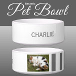 Add photo and name white and grey<br><div class="desc">Pet bowl / cat / dog
Add a name and a photo.
Grey and white with stripes.</div>