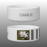 Add photo and name white and grey bowl<br><div class="desc">Pet bowl / cat / dog
Add a name and a photo.
Grey and white with stripes.</div>