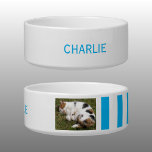 Add photo and name white and light blue bowl<br><div class="desc">Pet bowl / cat / dog
Add a name and a photo.
Light blue and white with stripes.</div>