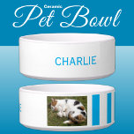 Add photo and name white and light blue bowl<br><div class="desc">Pet bowl / cat / dog
Add a name and a photo.
Light blue and white with stripes.</div>
