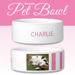 Add photo and name white and pink<br><div class="desc">Pet bowl / cat / dog
Add a name and a photo.
Pink and white with stripes.</div>