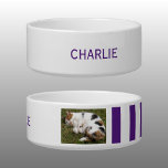 Add photo and name white and purple bowl<br><div class="desc">Pet bowl / cat / dog
Add a name and a photo.
Purple and white with stripes.</div>