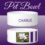 Add photo and name white and purple bowl<br><div class="desc">Pet bowl / cat / dog
Add a name and a photo.
Purple and white with stripes.</div>
