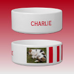 Add photo and name white and red bowl<br><div class="desc">Pet bowl / cat / dog
Add a name and a photo.
Red and white with stripes.</div>