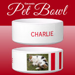 Add photo and name white and red bowl<br><div class="desc">Pet bowl / cat / dog
Add a name and a photo.
Red and white with stripes.</div>
